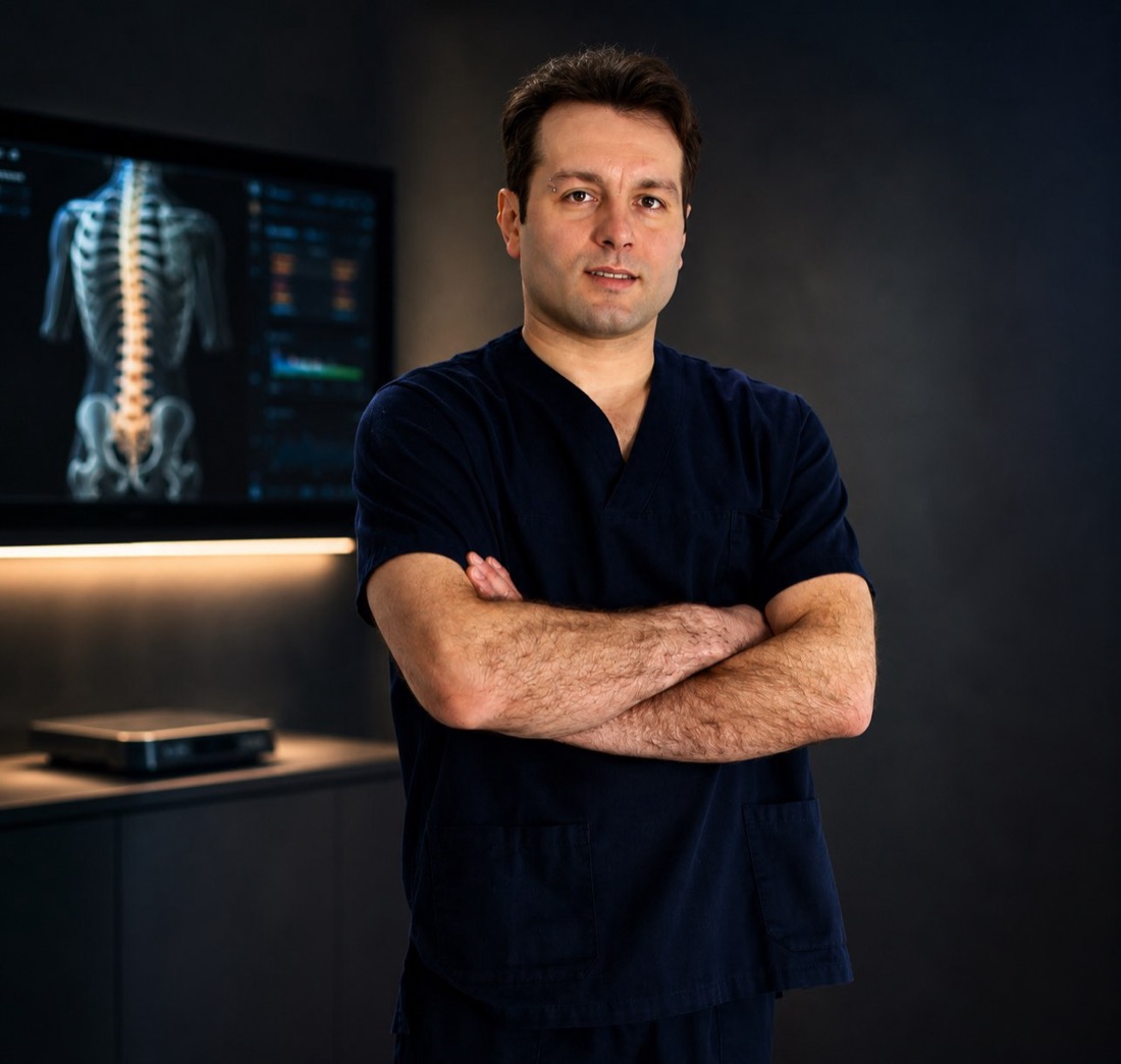 Il Dott. Leonardo Rocca in divisa da lavoro, davanti a uno schermo con un'analisi della colonna vertebrale